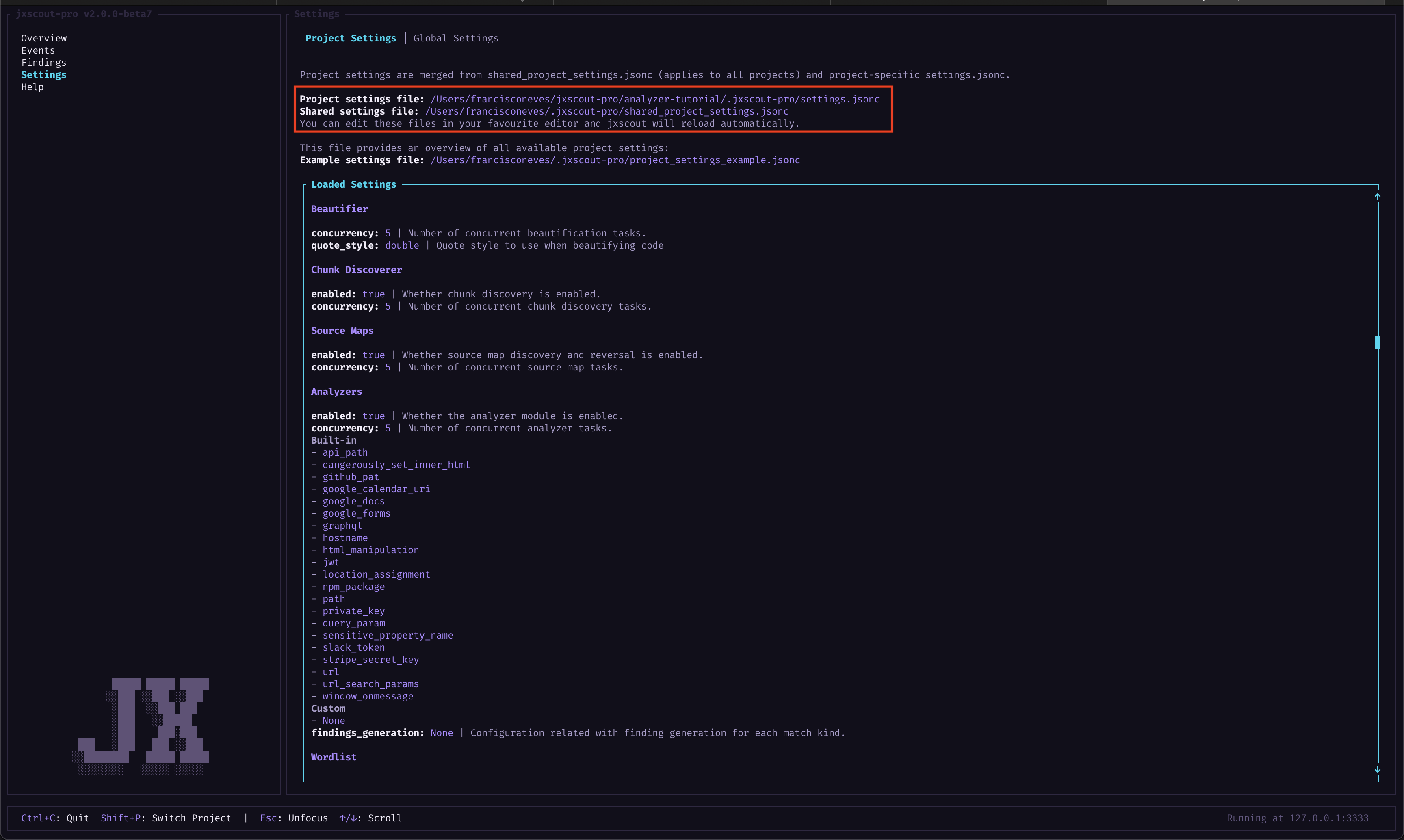 settings screen